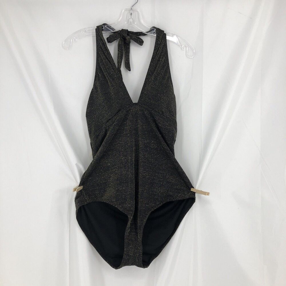 Jones New York black and gold metallic halter one-piece swimsuit size  XL